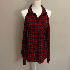 Plaid Cold-Shoulder Button Down